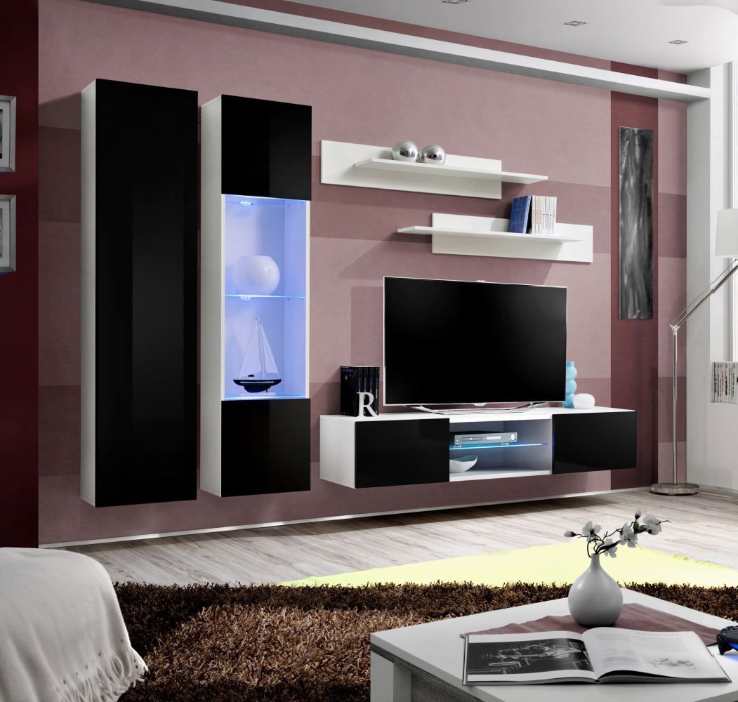 Hompland 150 woonkamer wandmeubel, kleur: zwart / wit - Afmetingen: 170 x 260 x 40 cm (H x B x D), met push-to-open functie