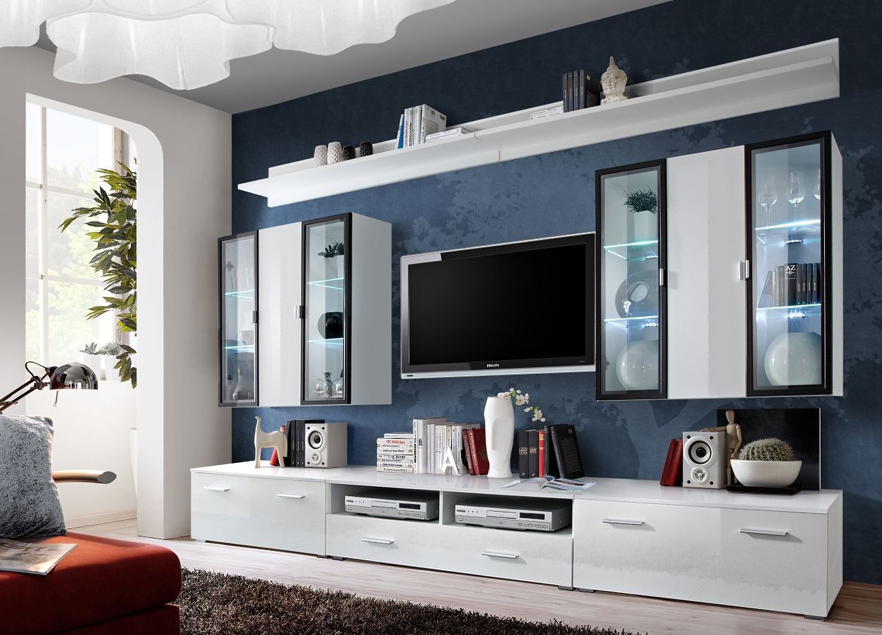 Wohnwand im frischen Design Bjordal 51, Farbe: Weiß Hochglanz / Schwarz - Abmessungen: 190 x 300 x 45 cm (H x B x T), mit zwei Schubladen