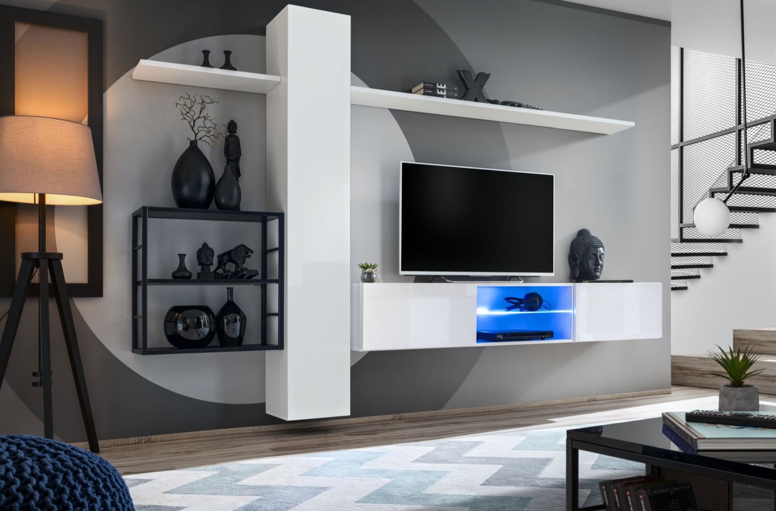 Moderne woonkamerwand met push-to-open functie Valand 17, kleur: wit - Afmetingen: 180 x 270 x 40 cm (H x B x D)