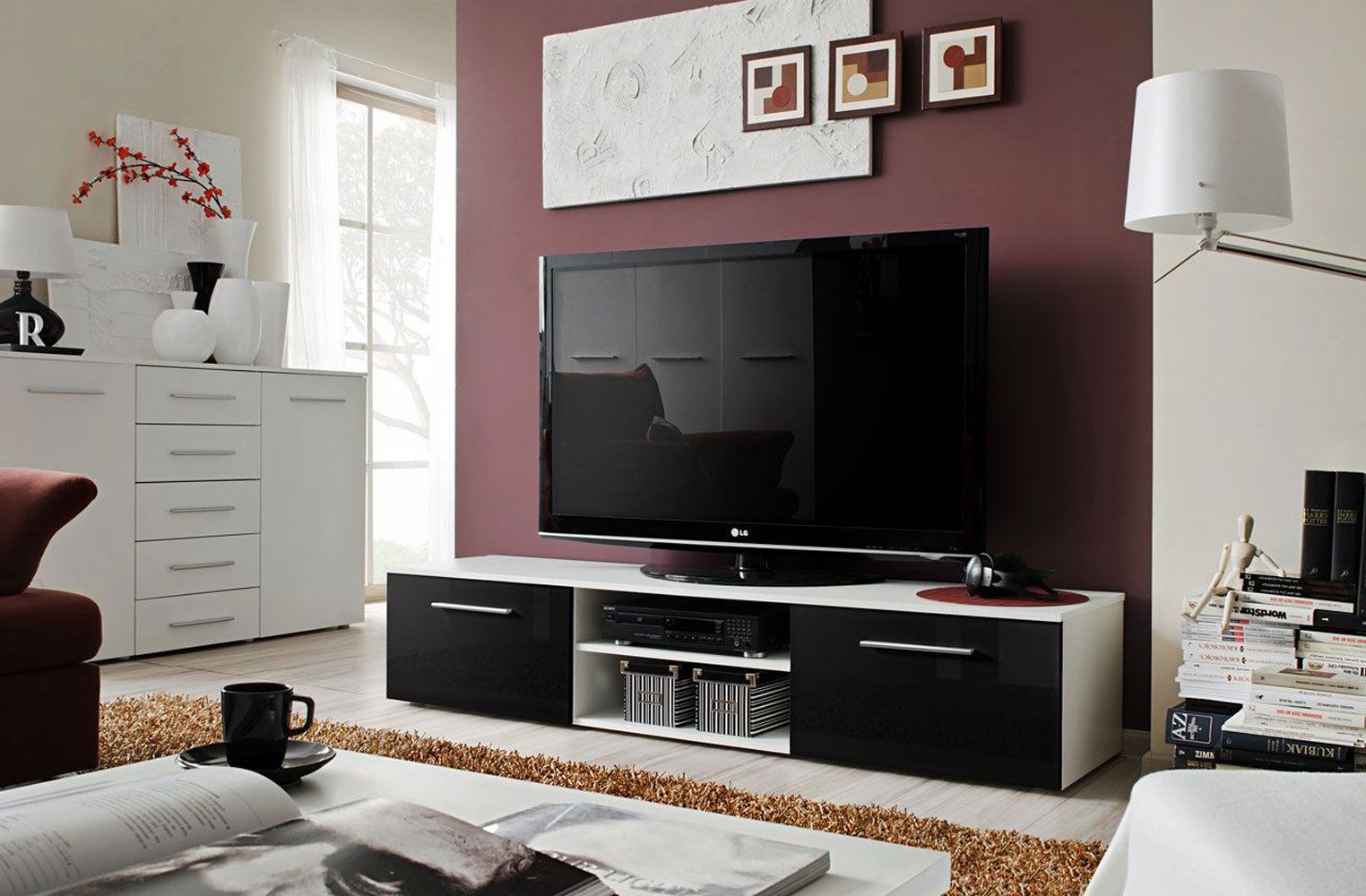 Salmeli 23 TV-meubel, kleur: wit / zwart - Afmetingen: 35 x 180 x 45 cm (H x B x D), met vier vakken