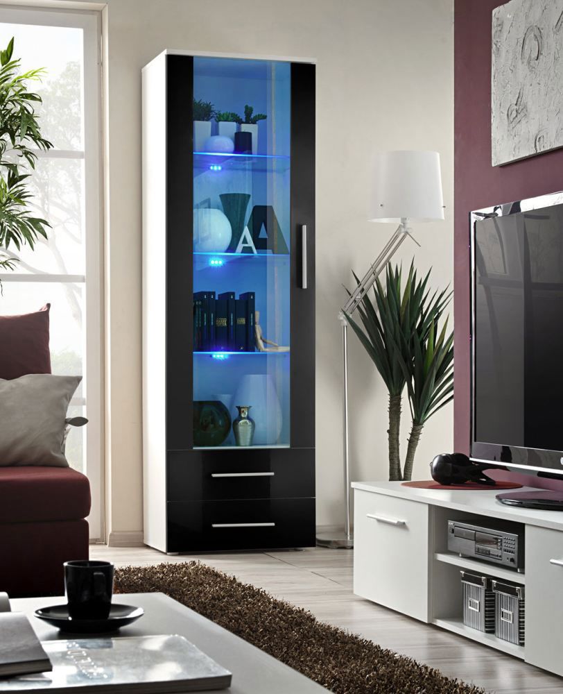 Elegante vitrinekast met vier vakken Salmeli 07, kleur: zwart / wit - Afmetingen: 190 x 60 x 40 cm (H x B x D), met LED-verlichting