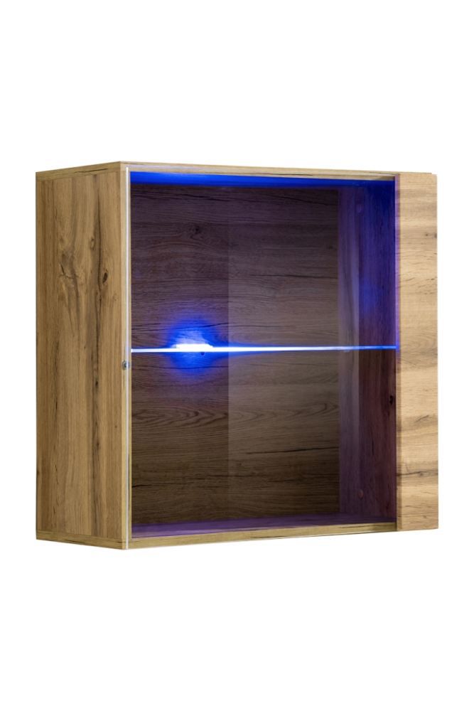 Hang vitrinekast met LED verlichting Fardalen 24, kleur: Wotan eik - afmetingen: 60 x 60 x 30 cm (H x B x D), met push-to-open functie