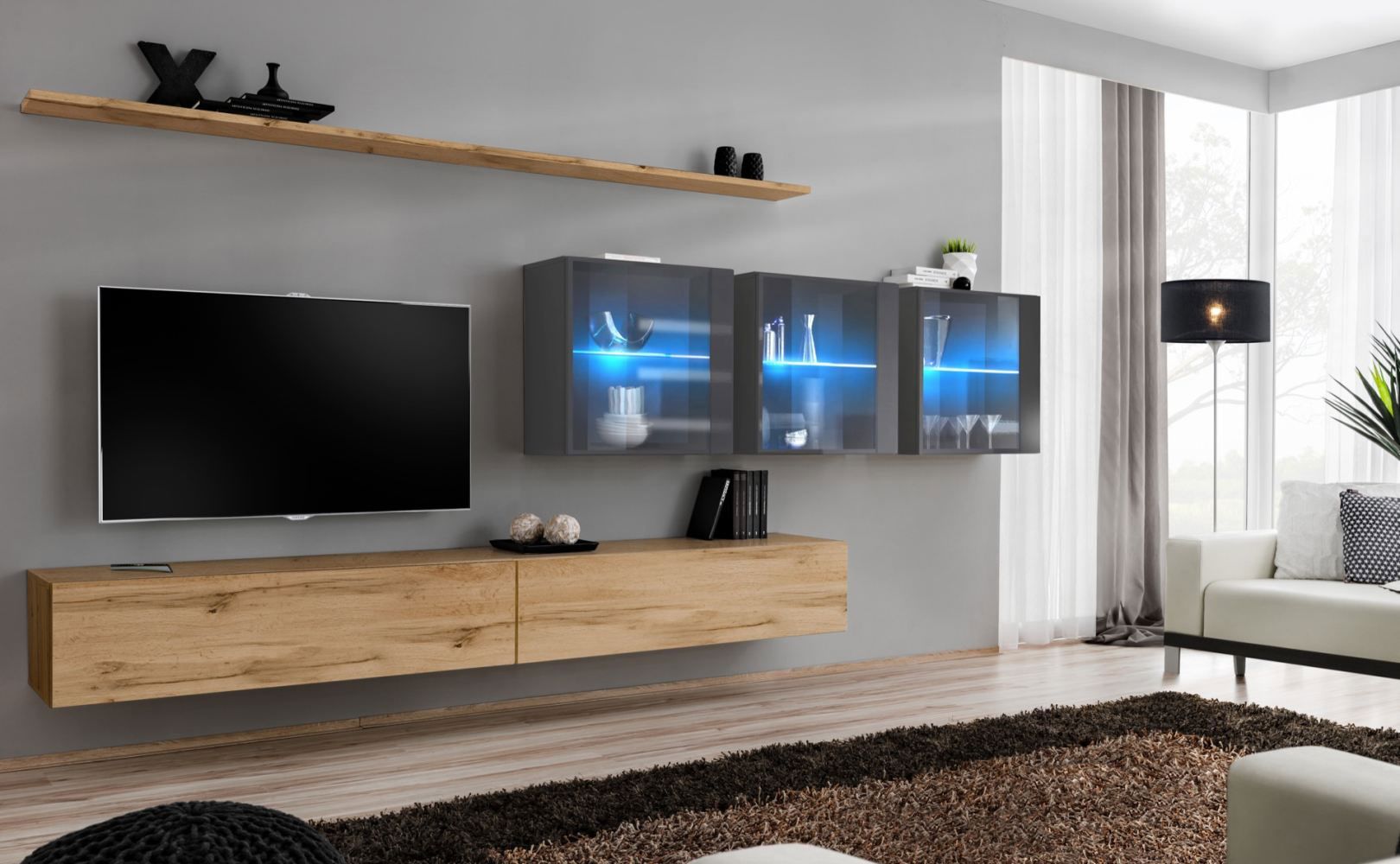 Hangelement met twee TV-onderkasten Balestrand 271, kleur: eiken Wotan / grijs - Afmetingen: 150 x 340 x 40 cm (H x B x D), met push-to-open functie