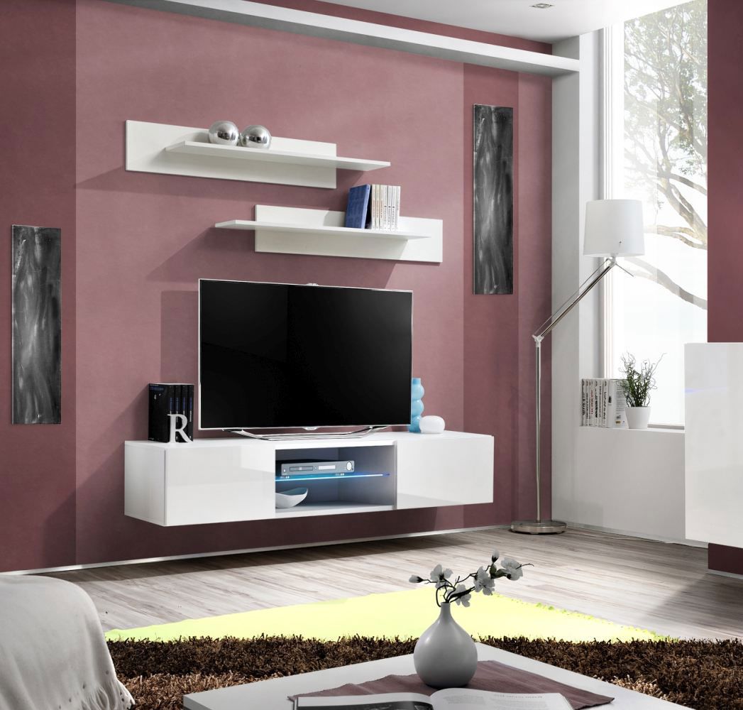Hangend TV-meubel Raudberg 06, kleur: wit - Afmetingen: 30 x 160 x 40 cm (H x B x D), incl. blauwe LED-verlichting