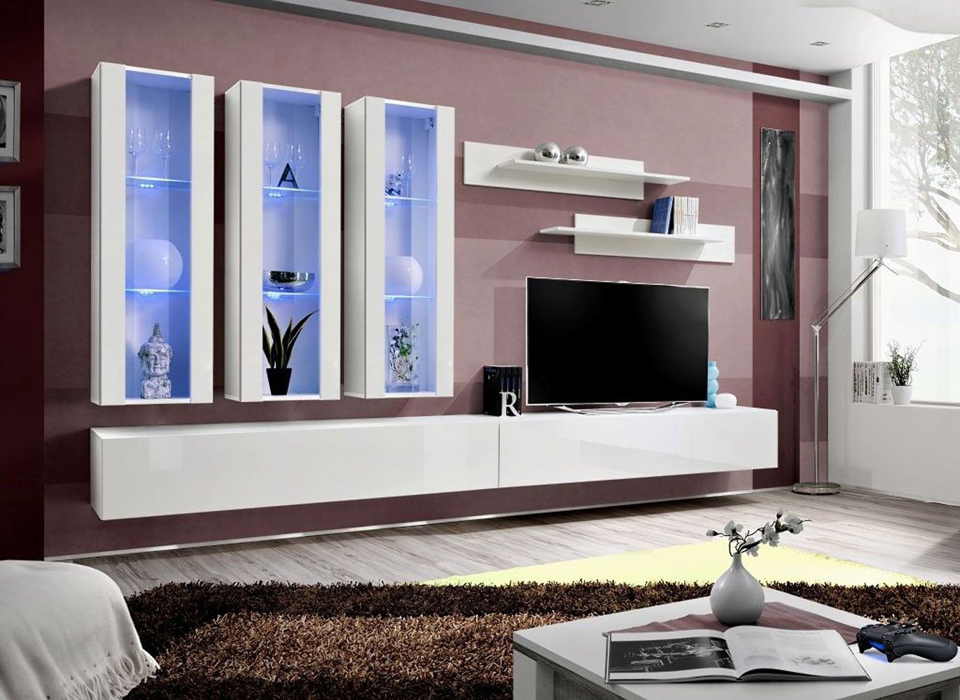 Hangende woonkamerwand Hompland 50, kleur: wit - Afmetingen: 170 x 320 x 40 cm (H x B x D), met voldoende opbergruimte