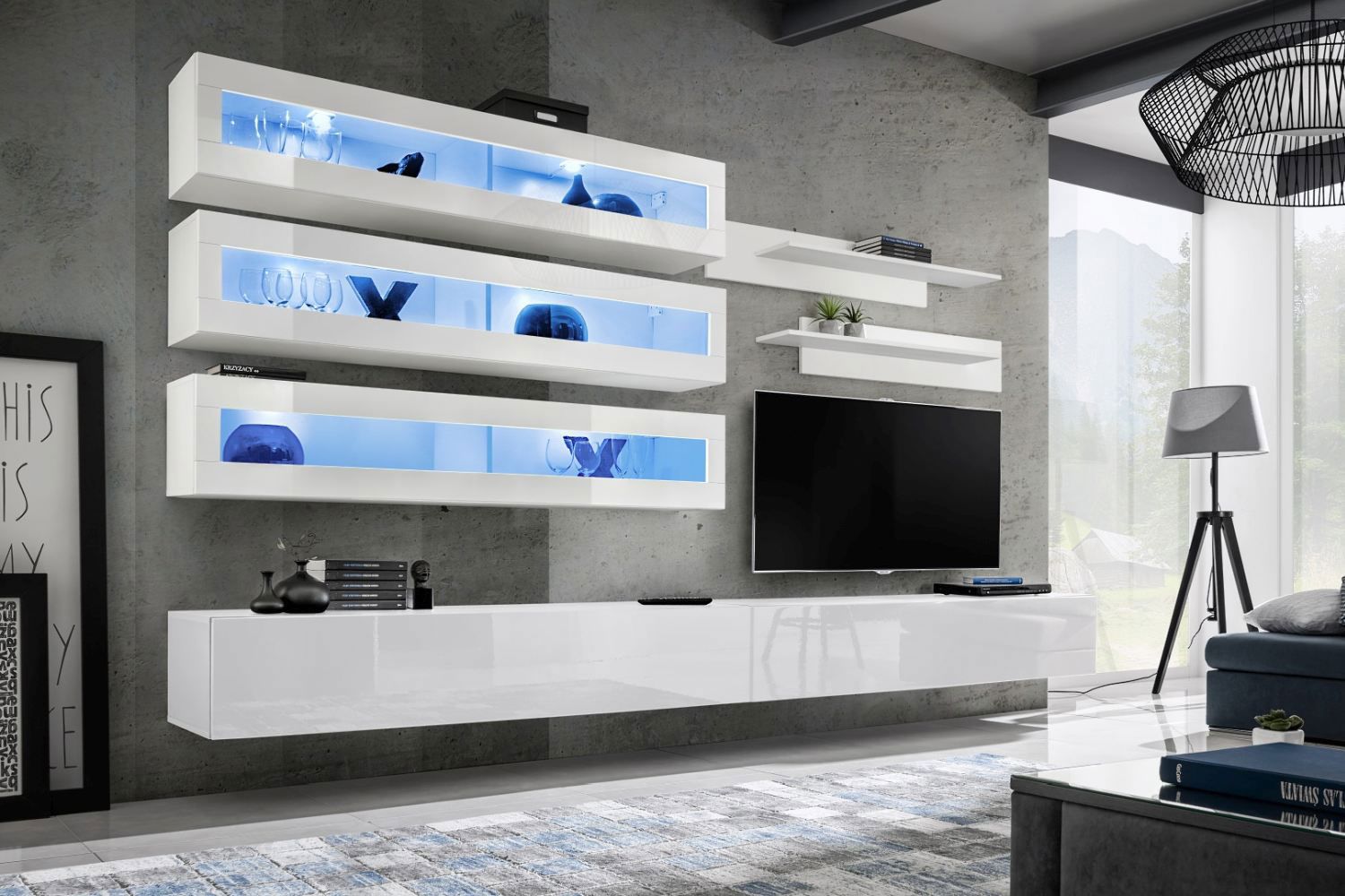 Hompland 101 woonkamer wandmeubel, kleur: wit - Afmetingen: 180 x 320 x 40 cm (H x B x D), met blauwe LED-verlichting
