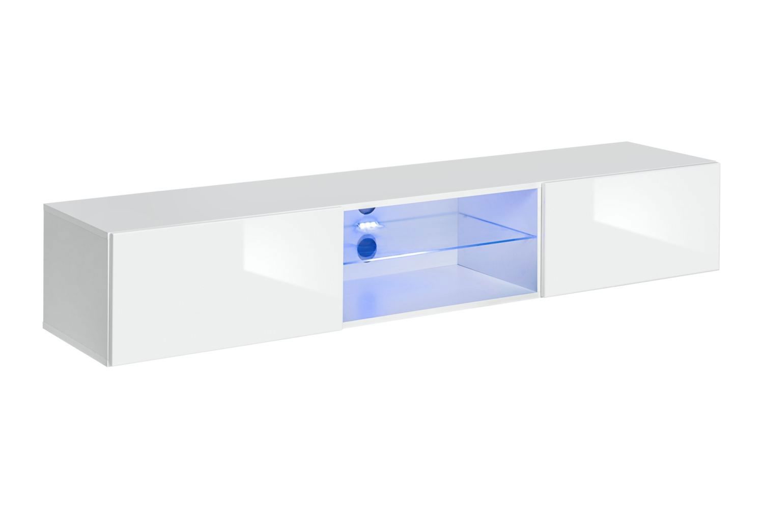 TV-meubel met blauwe LED-verlichting Möllen 17, kleur: wit - Afmetingen: 30 x 180 x 40 cm (H x B x D), met push-to-open functie