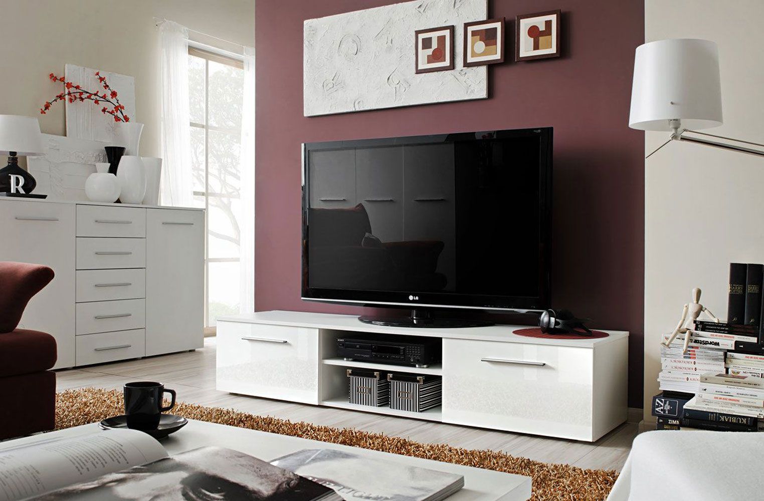TV lowboard met twee deuren Salmeli 22, kleur: zwart / wit - Afmetingen: 35 x 180 x 45 cm (H x B x D)