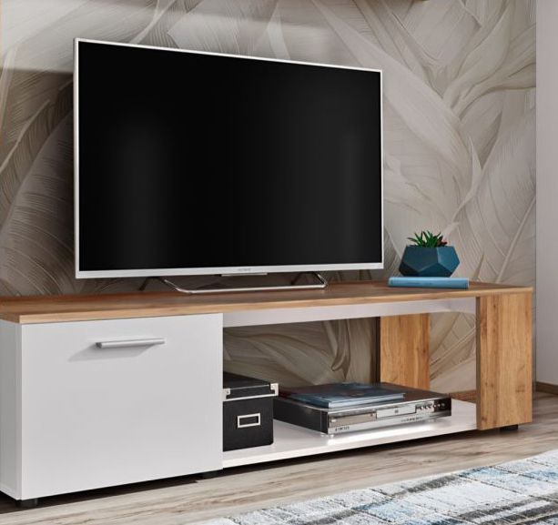 Modern TV-meubel Bjordal 06, kleur: wit mat / eiken Wotan - Afmetingen: 39 x 150 x 40 cm (H x B x D), met voldoende opbergruimte