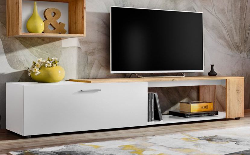 Eenvoudig TV-meubel met twee vakken Bjordal 08, kleur: wit mat / eiken Wotan - Afmetingen: 39 x 200 x 40 cm (H x B x D)