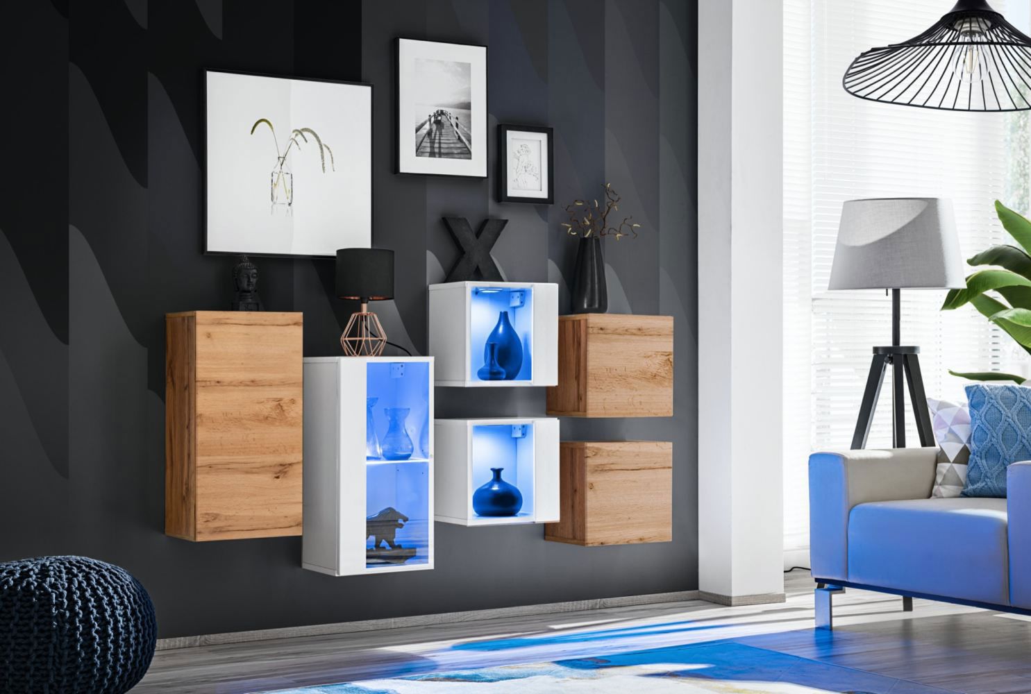 6-delige set hangkasten / hangvitrinekasten Volleberg 108, kleur: Wotan eik / wit - afmetingen: 80 x 150 x 25 cm (H x B x D), met blauwe LED-verlichting