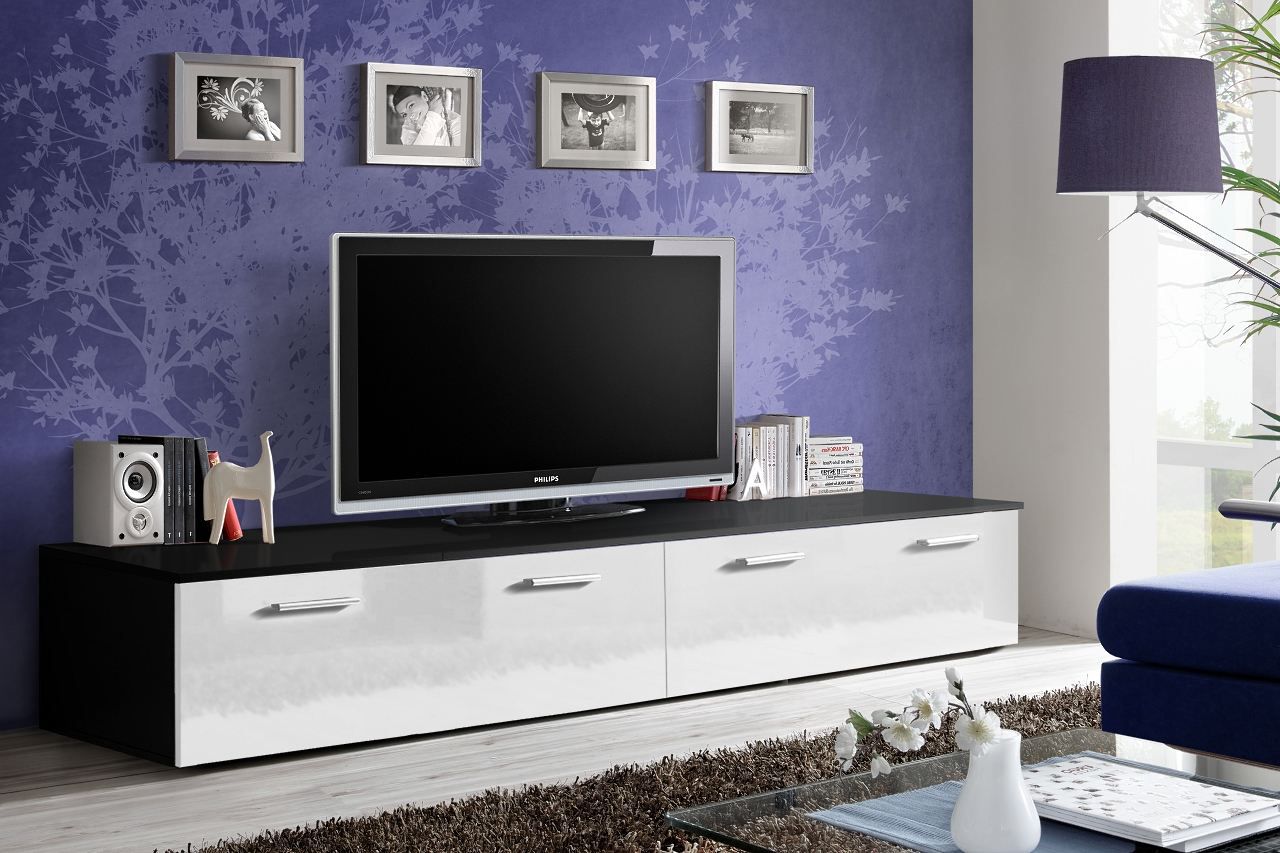 Stijlvol tv-meubel Bjordal 62, kleur: wit hoogglans / zwart mat - Afmetingen: 35 x 200 x 45 cm (H x B x D), met vier vakken
