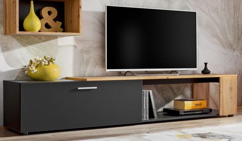 Buitengewoon TV-meubel Bjordal 07, kleur: mat zwart / eik Wotan - Afmetingen: 39 x 200 x 40 cm (H x B x D)