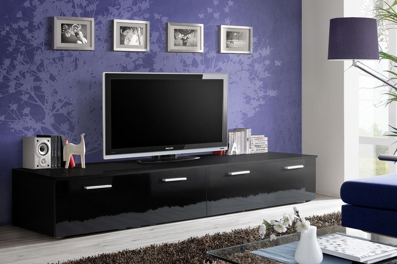 Eenvoudig tv-meubel met vier vakken Bjordal 63, kleur: zwart hoogglans - Afmetingen: 35 x 200 x 45 cm (H x B x D)