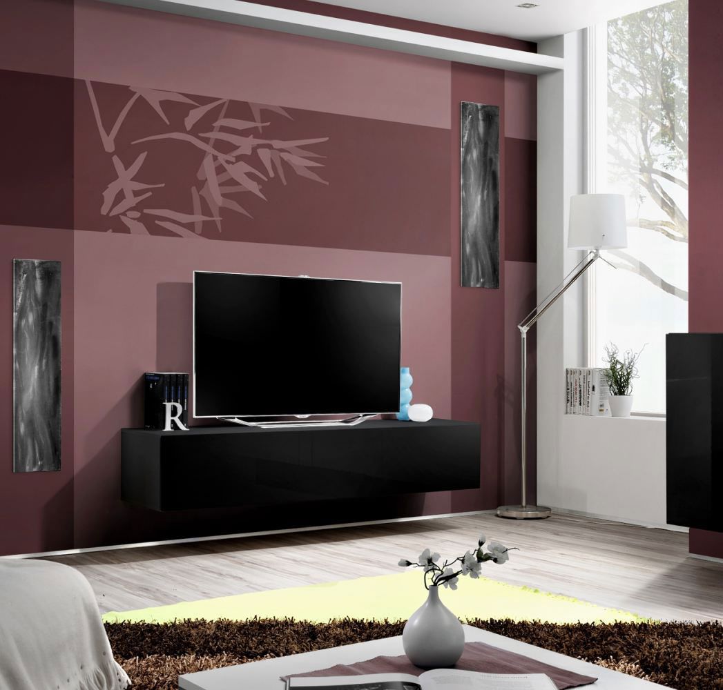 Hangend TV lowboard Raudberg 04, kleur: zwart - Afmetingen: 30 x 160 x 40 cm (H x B x D), met drie vakken