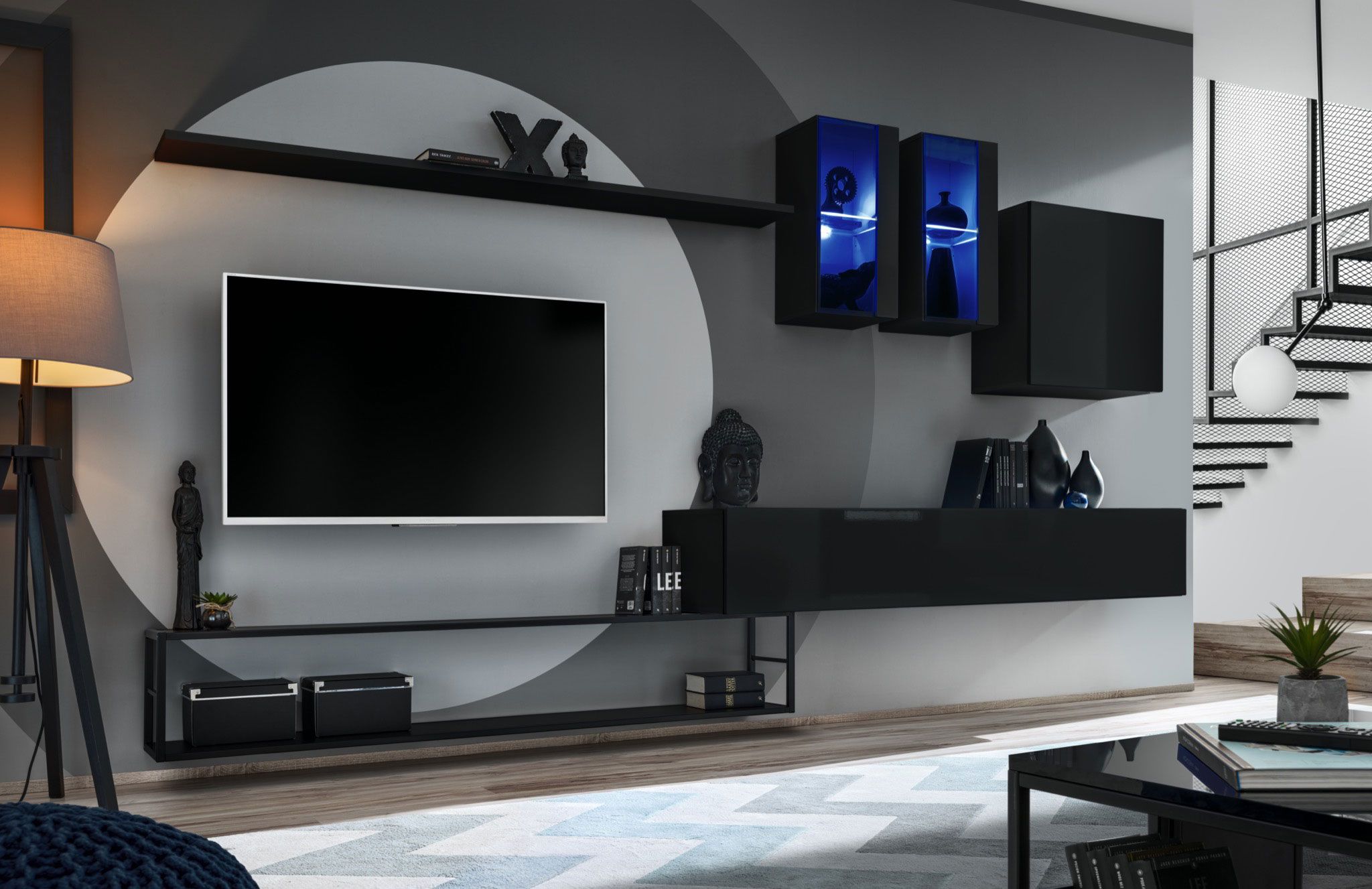 Stijlvolle woonkamerwand Valand 02, kleur: zwart - Afmetingen: 180 x 330 x 40 cm (H x B x D), met blauwe LED-verlichting