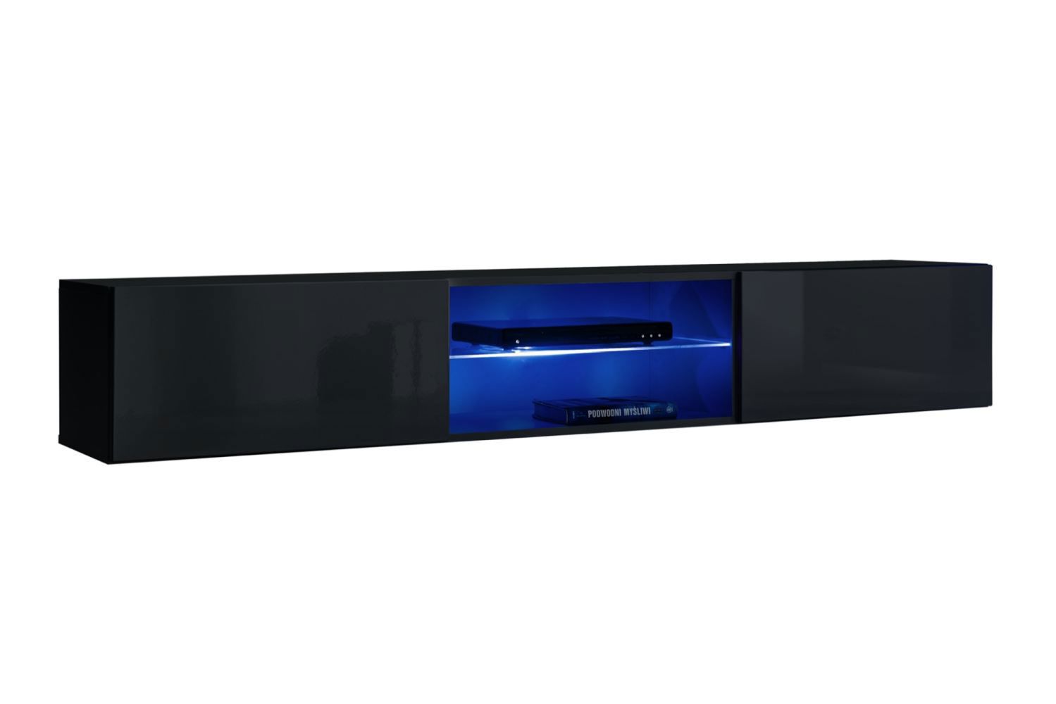Moderne TV-onderkast met twee deuren Möllen 18, kleur: zwart - Afmetingen: 30 x 180 x 40 cm (H x B x D), met LED-verlichting