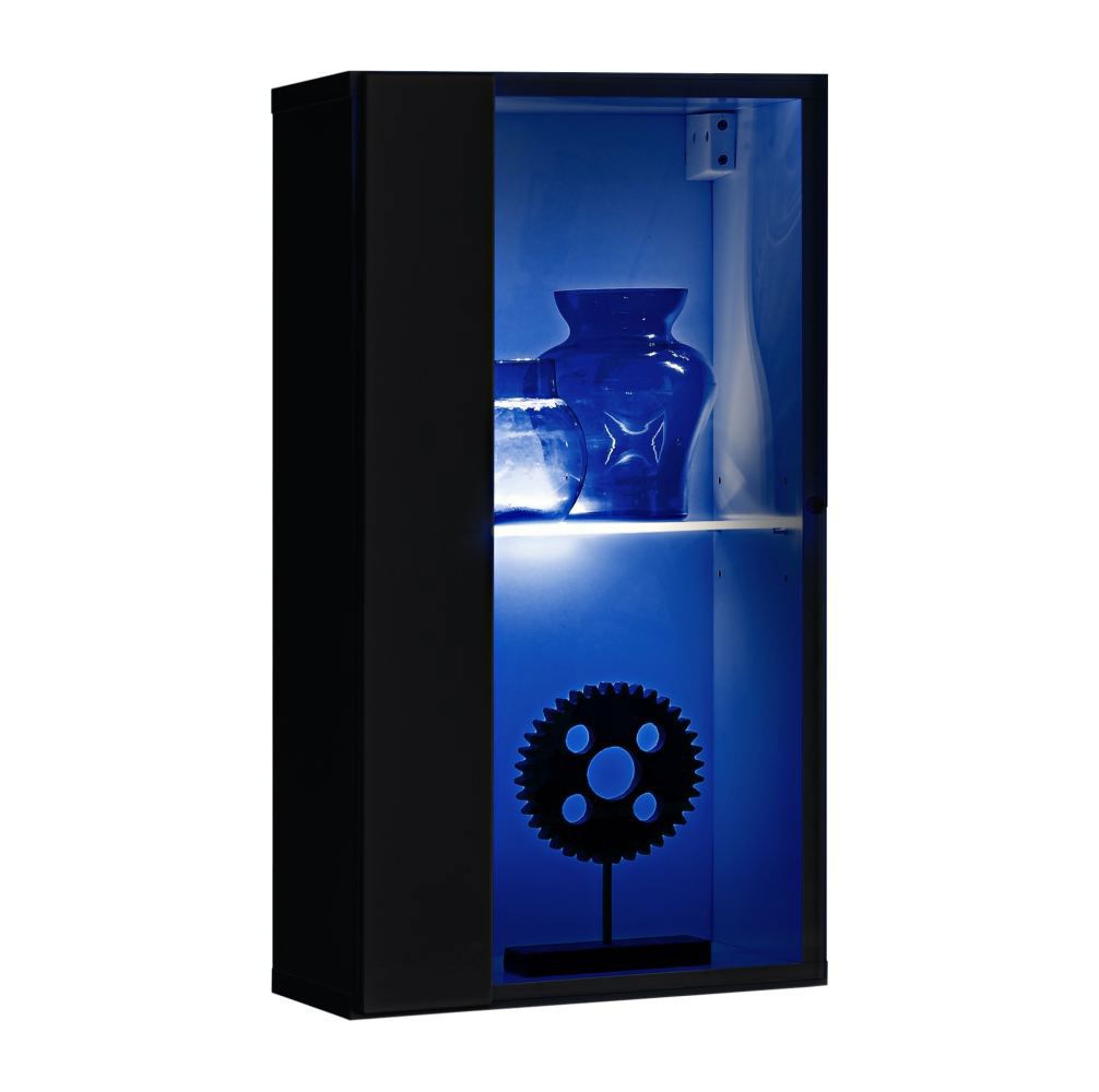 Zwart hangvitrine Möllen 10, kleur: zwart - Afmetingen: 60 x 30 x 25 cm (H x B x D), met blauwe LED-verlichting