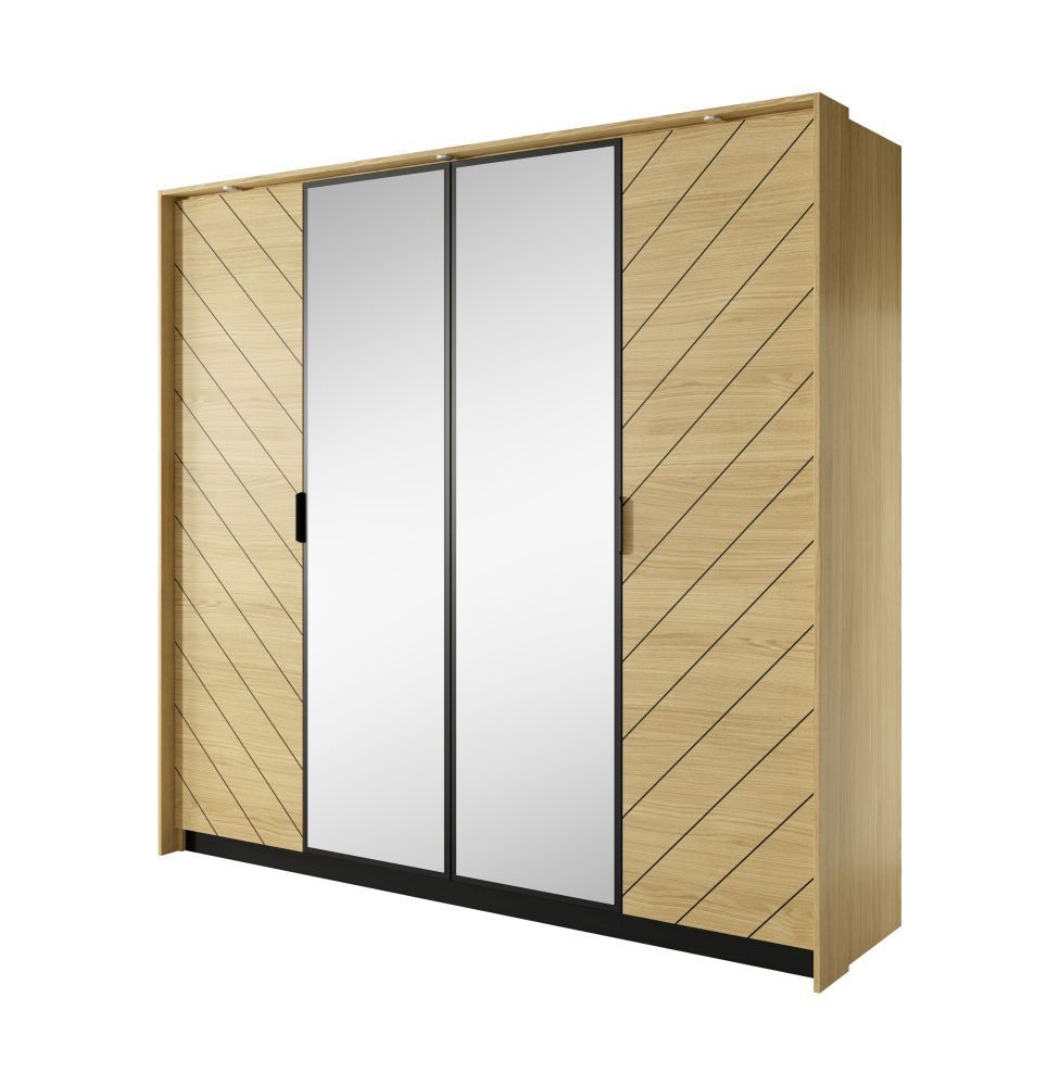 Eenvoudige kledingkast met twee spiegeldeuren Damous 01, kleur: Scandi eik / zwart - Afmetingen: 210 x 223 x 60 cm (H x B x D)