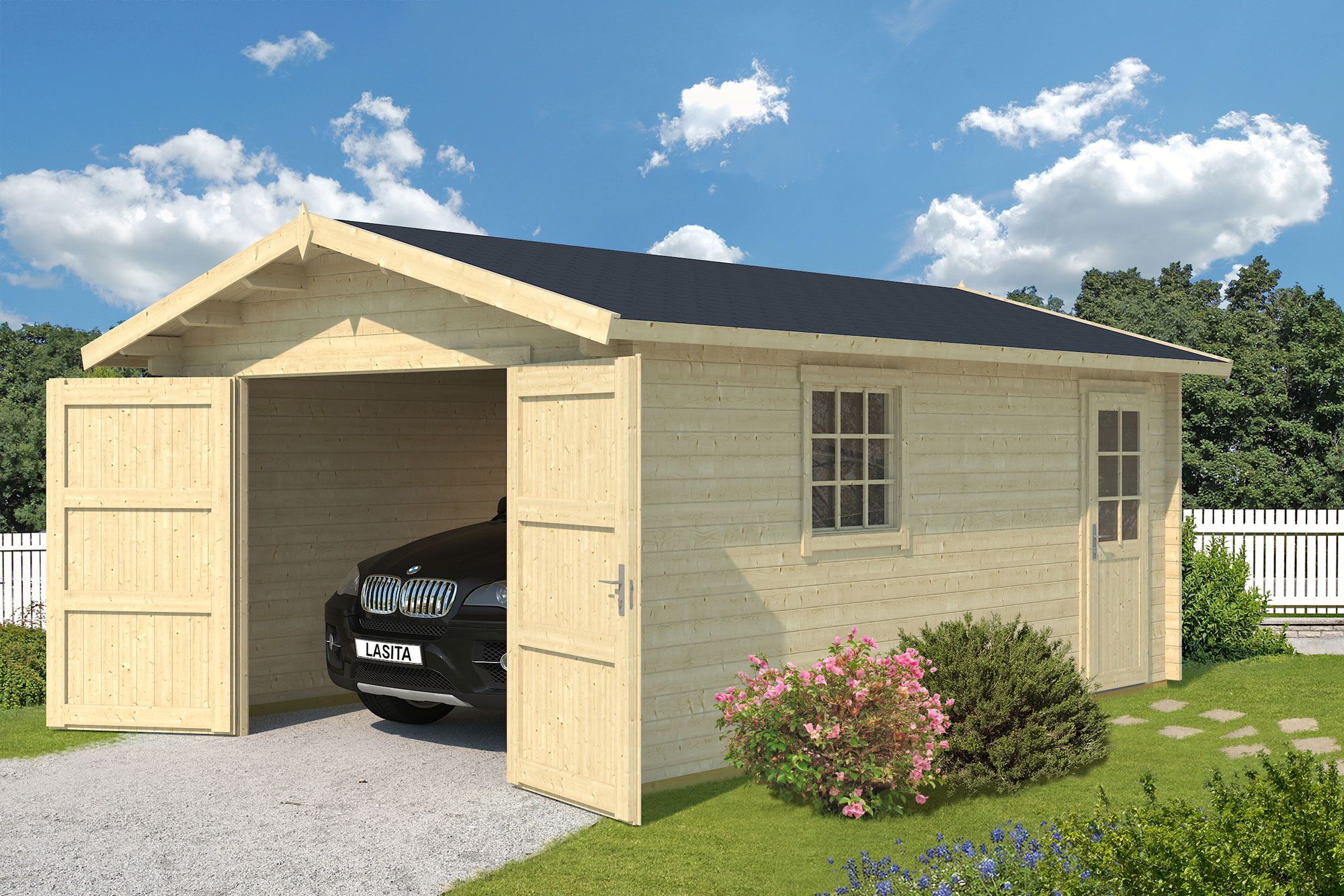 Enkele garage H170 met houten deur | 18,66 m² | 44 mm logs | natuurlijke afwerking