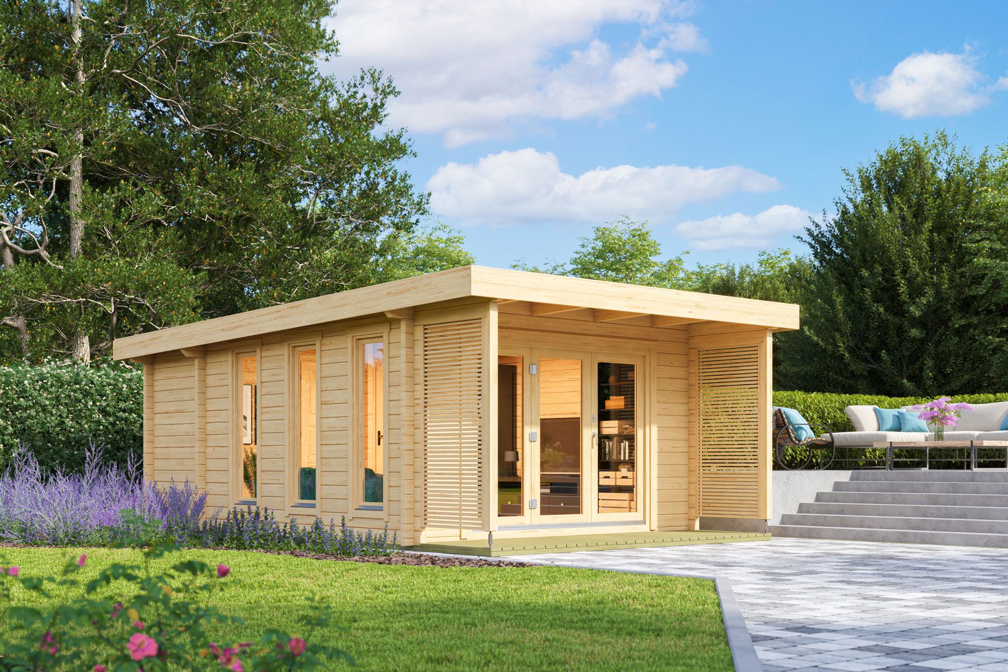 Vakantiehuis F24 met terras | 19,18 m² | 70 mm houtblokken | Natuurlijke afwerking | Incl. vloerbedekking & isolerende beglazing