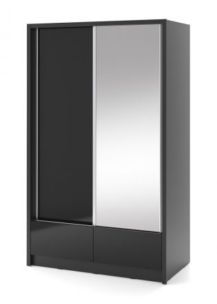 Anfield 14 spiegelkast met een kledingroede en twee lades, kleur: Hoogglans zwart - afmetingen: 214 x 134 x 62 cm (H x B x D)