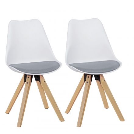 Gestoffeerde stoel set van 2 met vriendelijke kleuren & licht hout, kleur: wit / grijs / eik, zitting met linnen hoes
