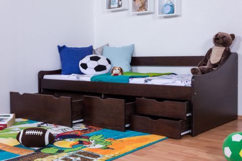 tienerbed / jeugdbed / bed met opbergruimte massief grenen, kleur walnotenhout 94, incl. lattenbodem - 90 x 200 cm (B x L)
