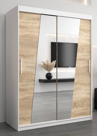 Schuifdeurkast / kledingkast Guajara 03 met spiegel, kleur: mat wit / eik sonoma - afmetingen: 200 x 150 x 62 cm (H x B x D)