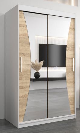 Schuifdeurkast / kledingkast Serbota 02 met spiegel, kleur: mat wit / sonoma eiken - Afmetingen: 200 x 120 x 62 cm ( H x B x D )