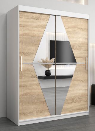 Schuifdeurkast / kledingkast Alphubel 03 met spiegel, kleur: mat wit / sonoma eiken - Afmetingen: 200 x 150 x 62 cm ( H x B x D)