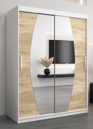 Schuifdeurkast / kledingkast Calvitero 03 met spiegel, kleur: mat wit / sonoma eiken - Afmetingen: 200 x 150 x 62 cm ( H x B x D)