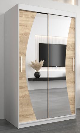 Schuifdeurkast / kleerkast Combin 02 met spiegel, kleur: mat wit / sonoma eiken - Afmetingen: 200 x 120 x 62 cm (H x B x D)