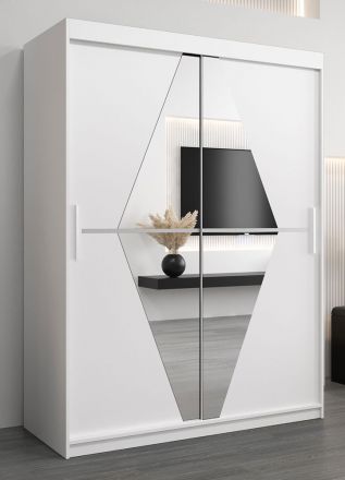 Schuifdeurkast / kledingkast Alphubel 03 met spiegel, kleur: mat wit - Afmetingen: 200 x 150 x 62 cm ( H x B x D)