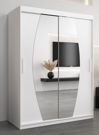 Schuifdeurkast / kledingkast Calvitero 03 met spiegel, kleur: mat wit - Afmetingen: 200 x 150 x 62 cm ( H x B x D)