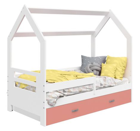 Kinderbed / kleuter bed massief grenen hout wit gelakt D3B, lade: roze, incl. lattenbodem - ligvlak: 80 x 160 cm (b x l)