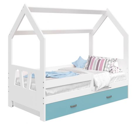 Kinderbed / kleuter bed massief grenen hout wit gelakt D3A, lade: blauw, incl. lattenbodem - ligvlak: 80 x 160 cm (b x l)