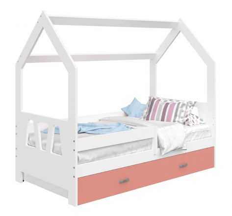 Kinderbed / kleuter bed massief grenen hout wit gelakt D3A, lade: roze, incl. lattenbodem - ligvlak: 80 x 160 cm (b x l)