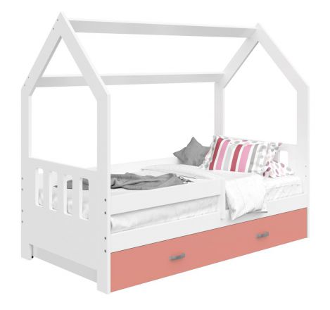 Kinderbed / kleuter bed massief grenen hout wit gelakt D3C, lade: roze, incl. lattenbodem - ligvlak: 80 x 160 cm (b x l)