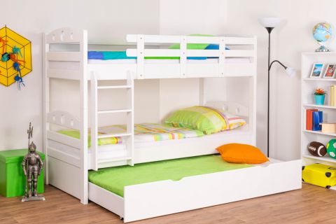 Stapelbed / Bunk bed "Easy Premium Line" K19/h incl. liggedeelte en 2 afdekplaten, hoofdbord en voeteneind met gaten, massief beuken wit - 90 x 200 cm (b x l), deelbaar