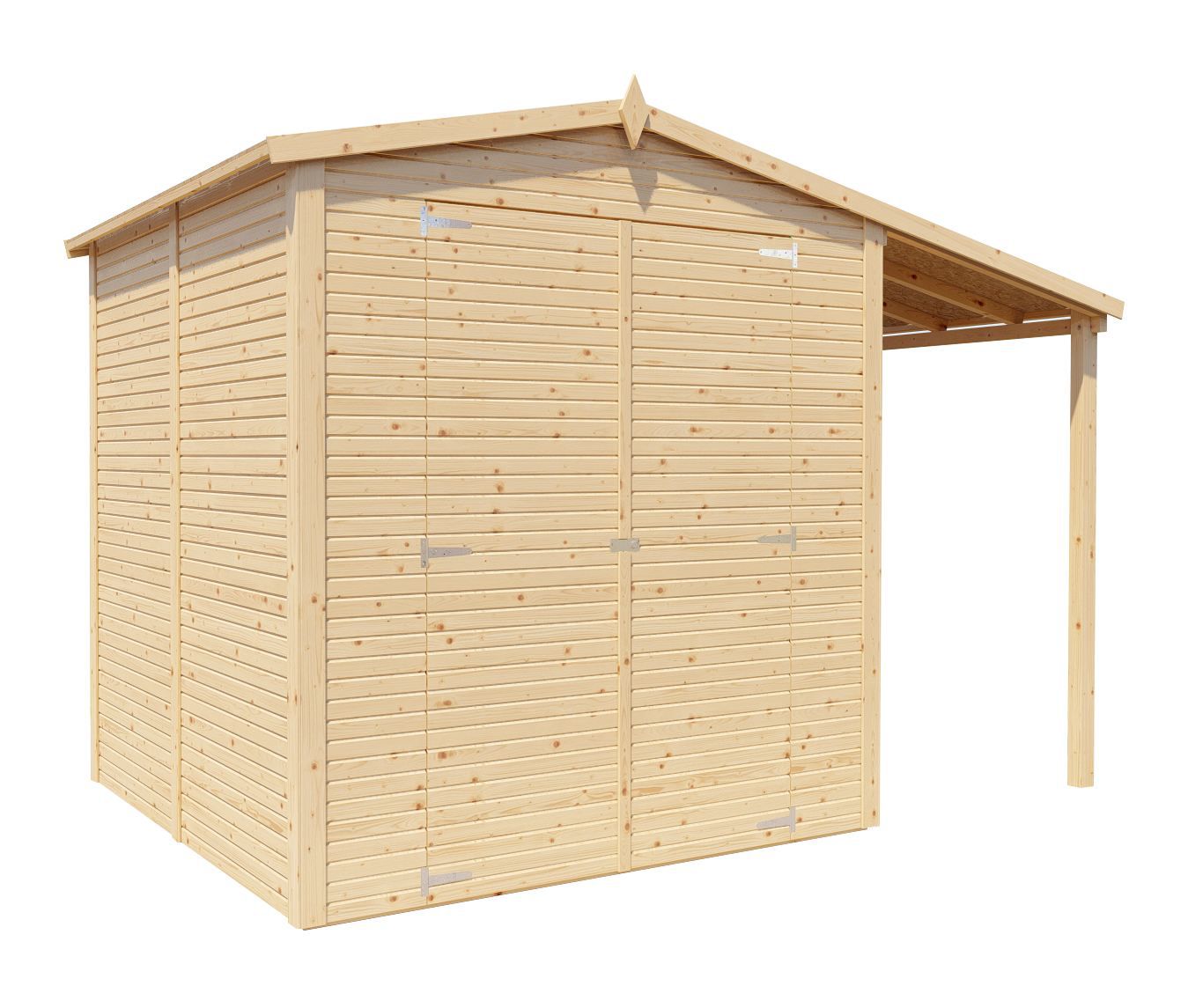 Schuur / tuinberging Kürten 03 met aanbouw dak, onbehandeld - 18 mm prefab tuinhuisje, grondoppervlakte: 6,57 m², zadel dak