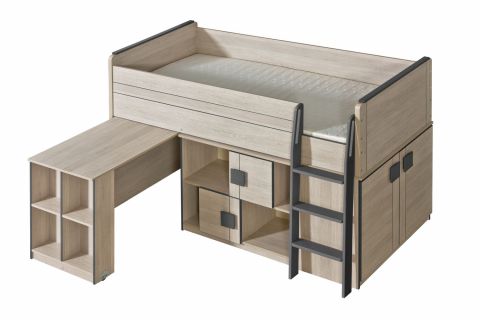 Functioneel bed / kinderbed / hoogslaper - combinatie met open kast, kast en bureau Elias 19, kleur: lichtbruin / grijs - ligvlak: 90 x 200 cm (B x L)