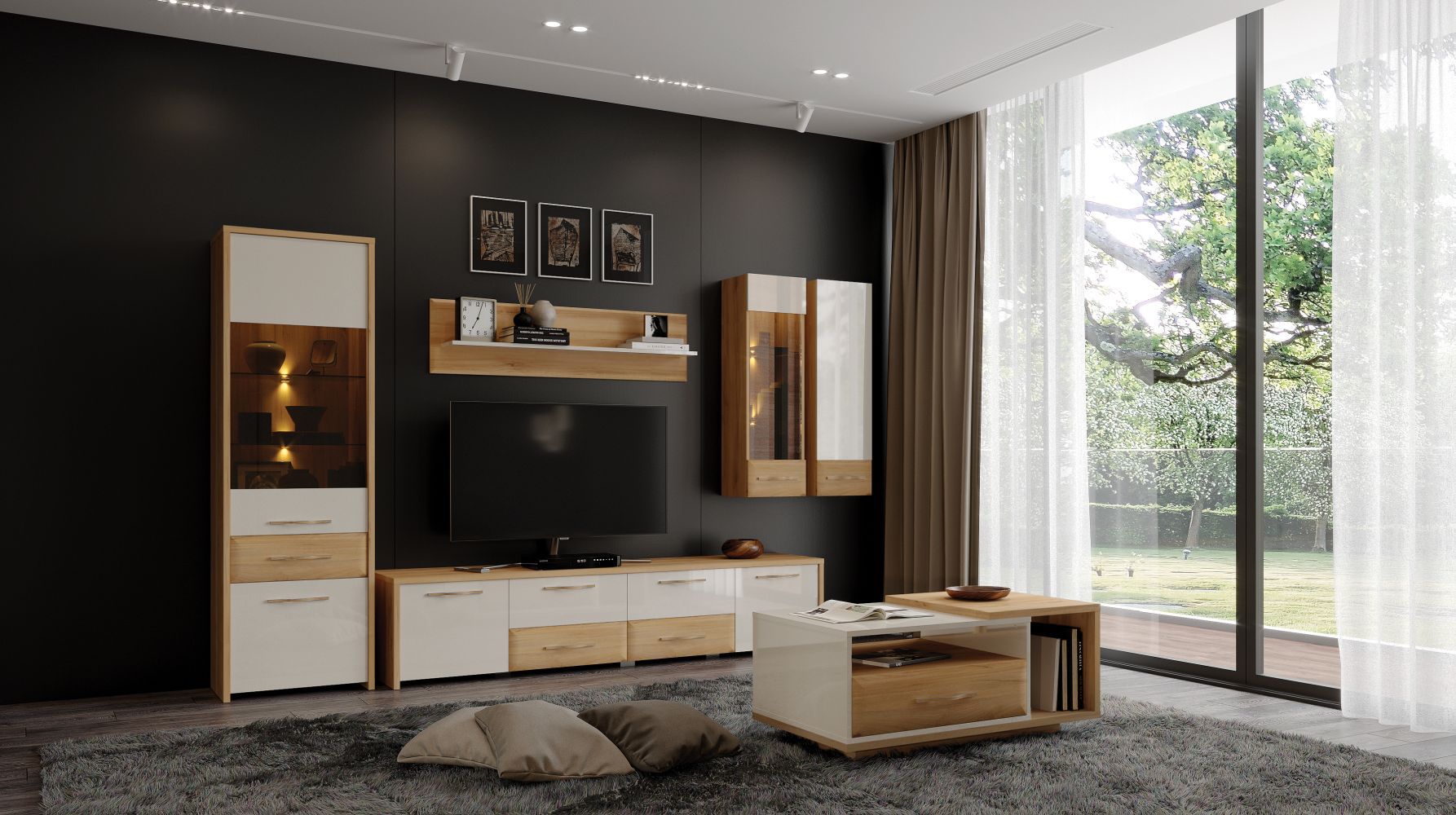 Complete woonkamer set K Gataivai, 6-delig, kleur: hoogglans beige / walnoot