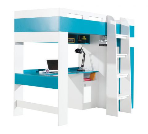 kinderbed / hoogslaper met bedbergruimte en bureau "Geel" 20 Wit / turquoise - ligvlak 90 x 200 cm (B x L)
