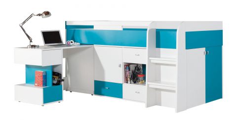 Stapelbed / kinderbed / hoogslaper met bedbergruimte en bureau "Geel" 21, wit / turquoise - ligvlak: 90 x 200 (B x L)