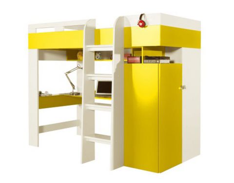 kinderbed / hoogslaper met bedbergruimte en bureau "Geel" 41 Wit / geel - ligvlak 90 x 200 cm (B x L)