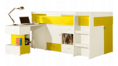 kinderbed / hoogslaper met bedbergruimte en bureau "Geel" 42, wit / geel - Ligvlak: 90 x 200 (B x L)