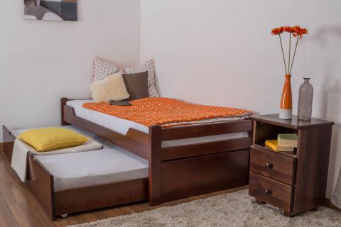 Eenpersoonsbed / logeerbed "Easy Premium Line" K1/1h incl. 2e bed en 2 afdekplaten, 90 x 200 cm massief beukenhout kleur: donkerbruin