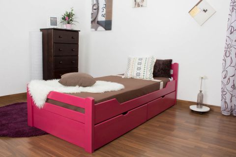 Eenpersoonsbed / logeerbed "Easy Premium Line" K1/2n incl. 2 laden en 2 afdekpanelen, 90 x 200 cm massief beukenhout kleur: roze