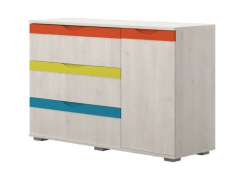 Kinderkamer - dressoir / ladekast Peter 03, kleur: wit grenen / oranje / geel / turkoois - afmetingen: 84 x 126 x 44 cm (h x b x d)